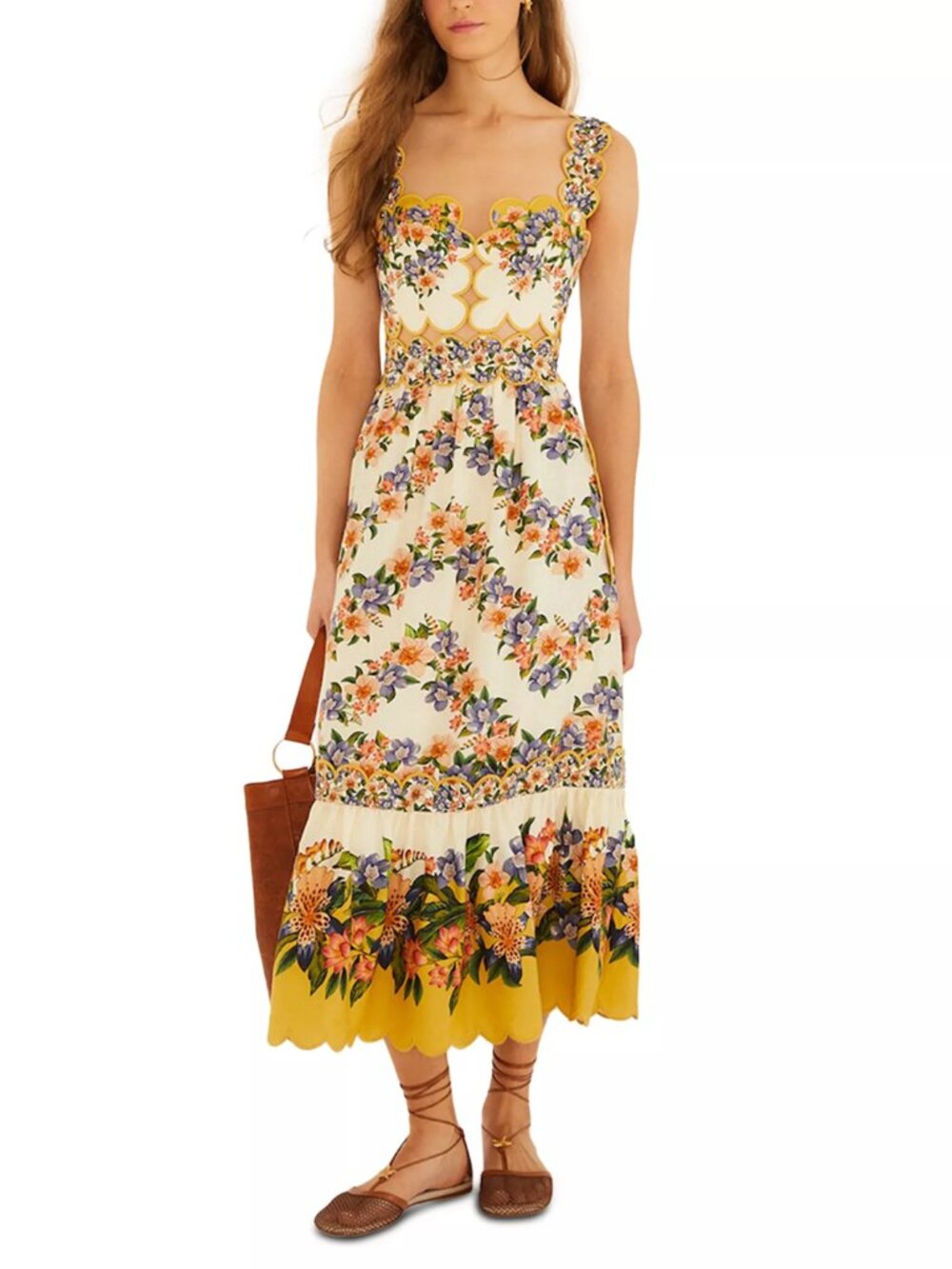 Farm Rio Hilo Stripes Sand Scallop-Trim Midi Dress - Picture 3 of 15